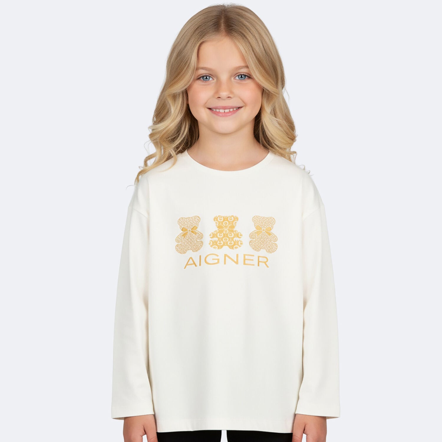 Girls Ivory & Gold Teddy Bear Logo Long Sleeve Top, 1, hi-res