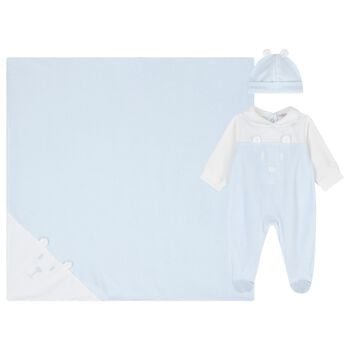 Baby Boys White & Blue Teddy Bear Babygrow Gift Set
