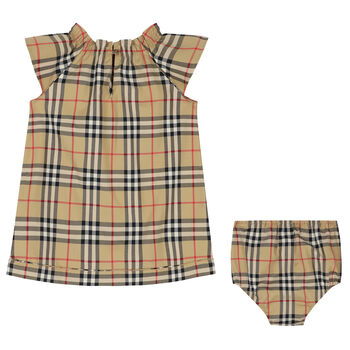 Younger Girls Beige Checkered Dress Set