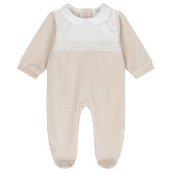 Baby Boys White & Beige Dot Babygrow