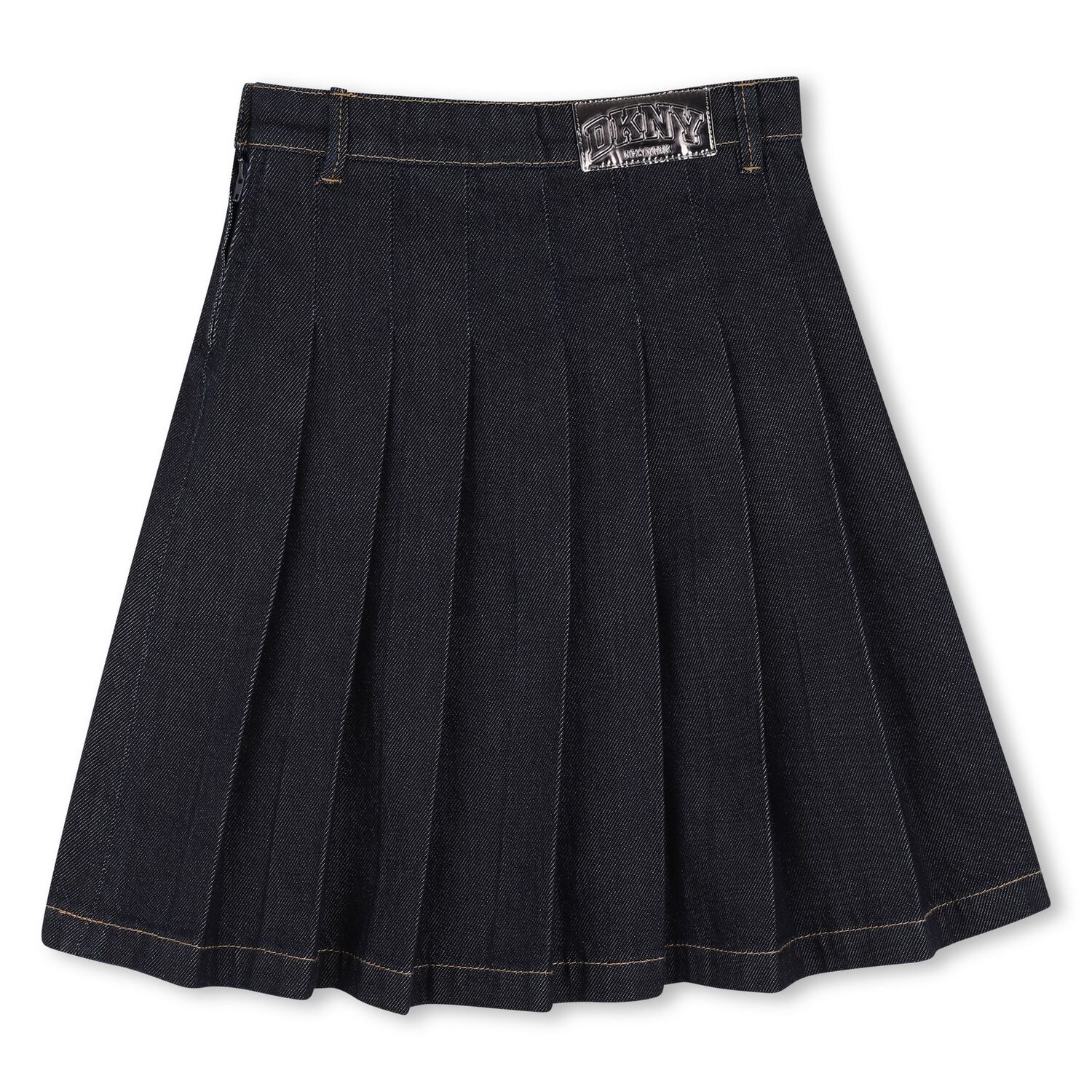 Girls Navy Blue Logo Denim Pleated Skirt, 1, hi-res