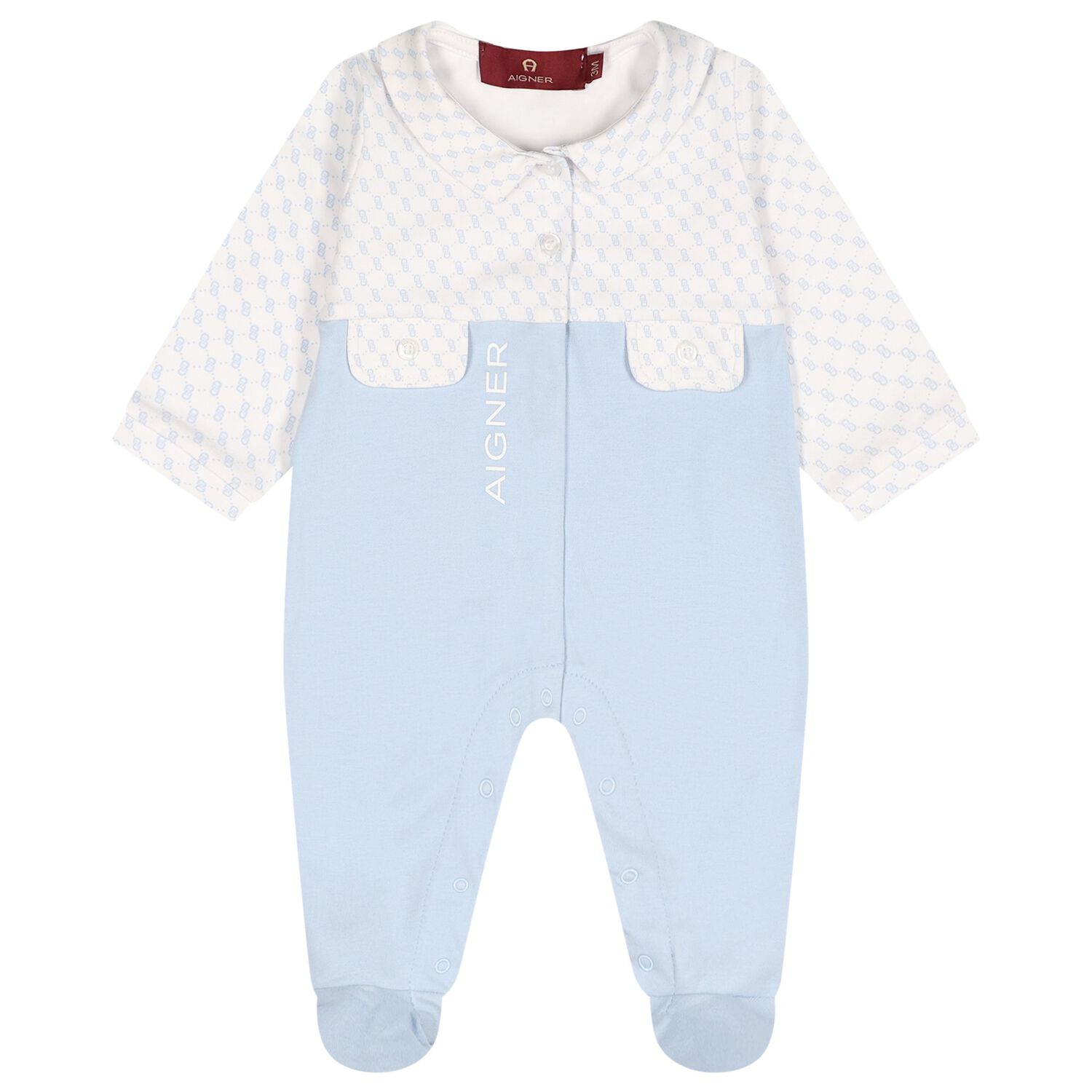 Baby Boys White & Blue Logo Babygrow, 1, hi-res
