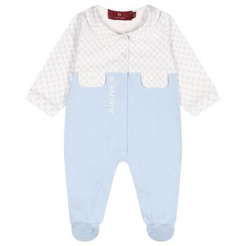 Baby Boys White & Blue Logo Babygrow