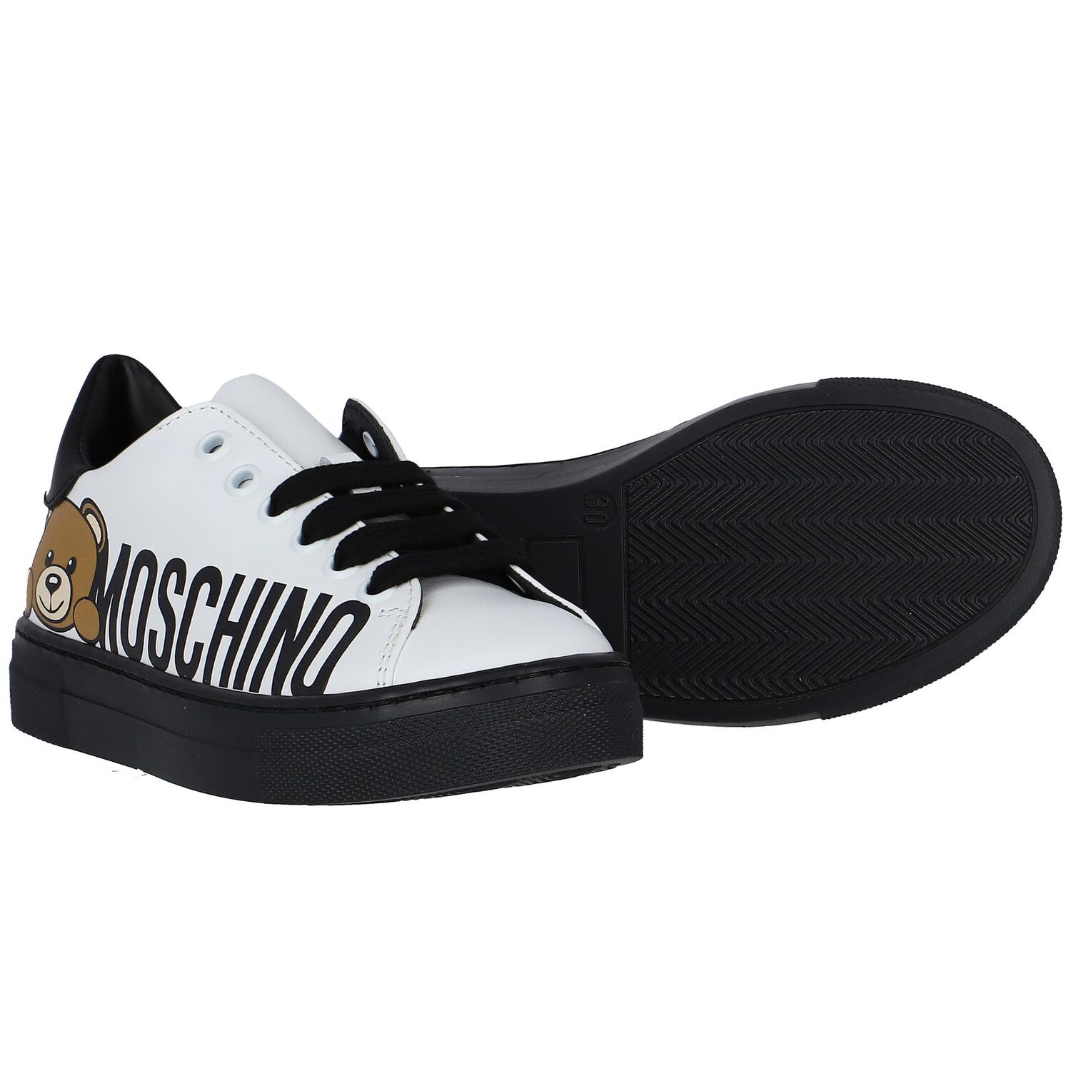 حذاء رياضي جلد بالشعار باللون الأبيض والأسود, 1, hi-res