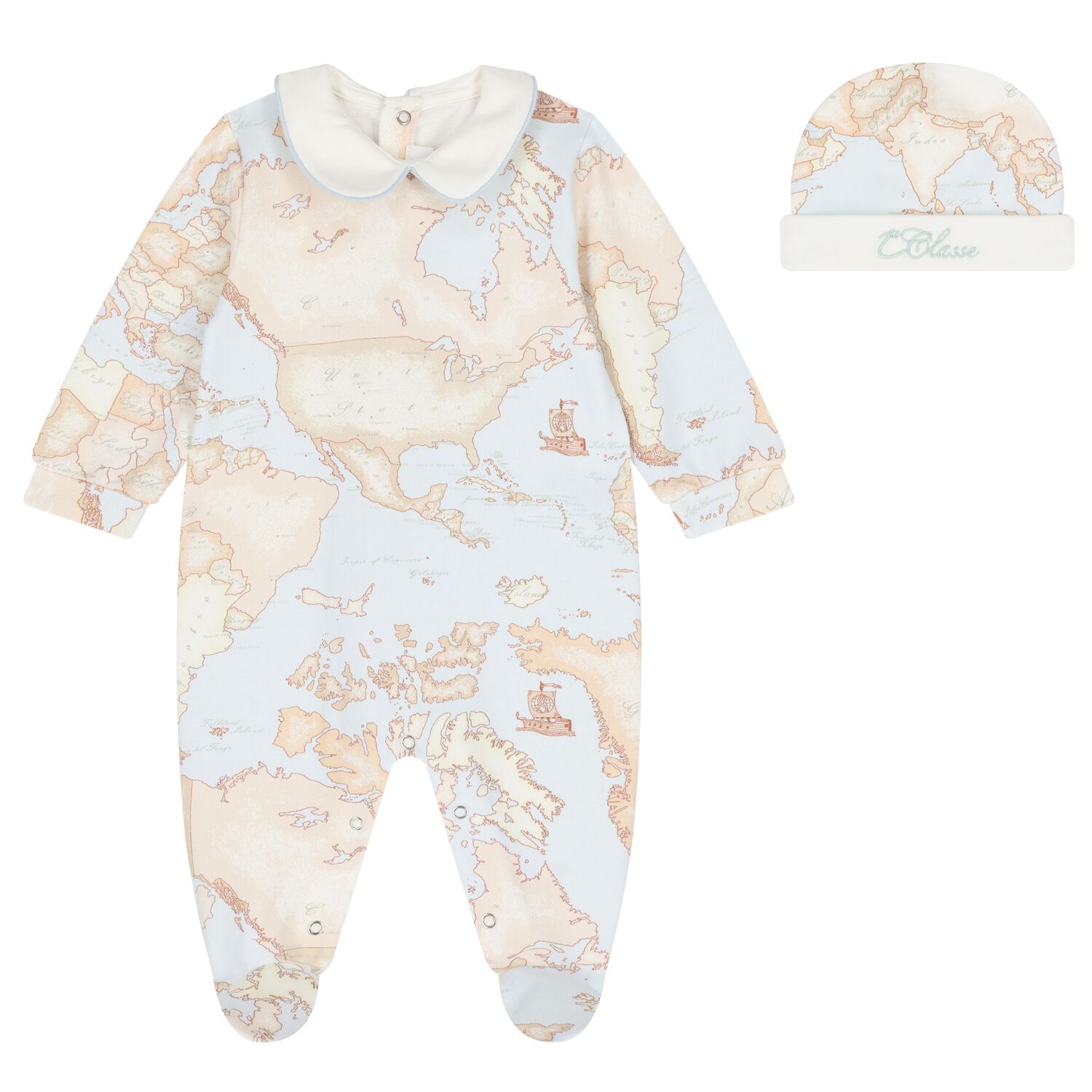 Baby Boys Ivory, Blue & Beige Geo Map Babygrow Set, 2, hi-res