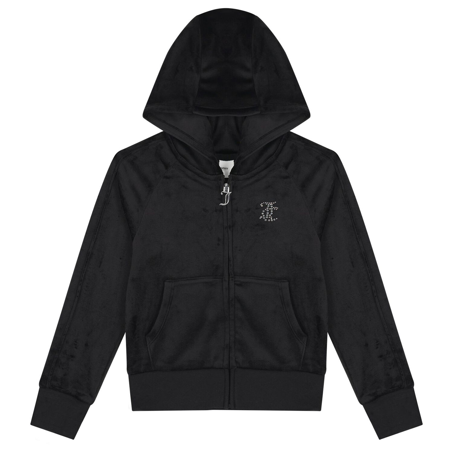 Girls Black Crystal Embellished Diamant&eacute; Logo Velour Hooded Zip Up Top, 1, hi-res