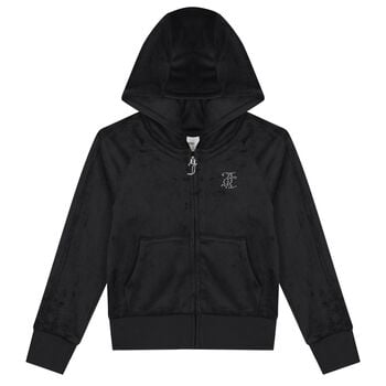 Girls Black Crystal Embellished Diamant&eacute; Logo Velour Hooded Zip Up Top
