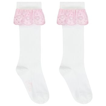 Girls White & Pink Broderie Anglaise Socks