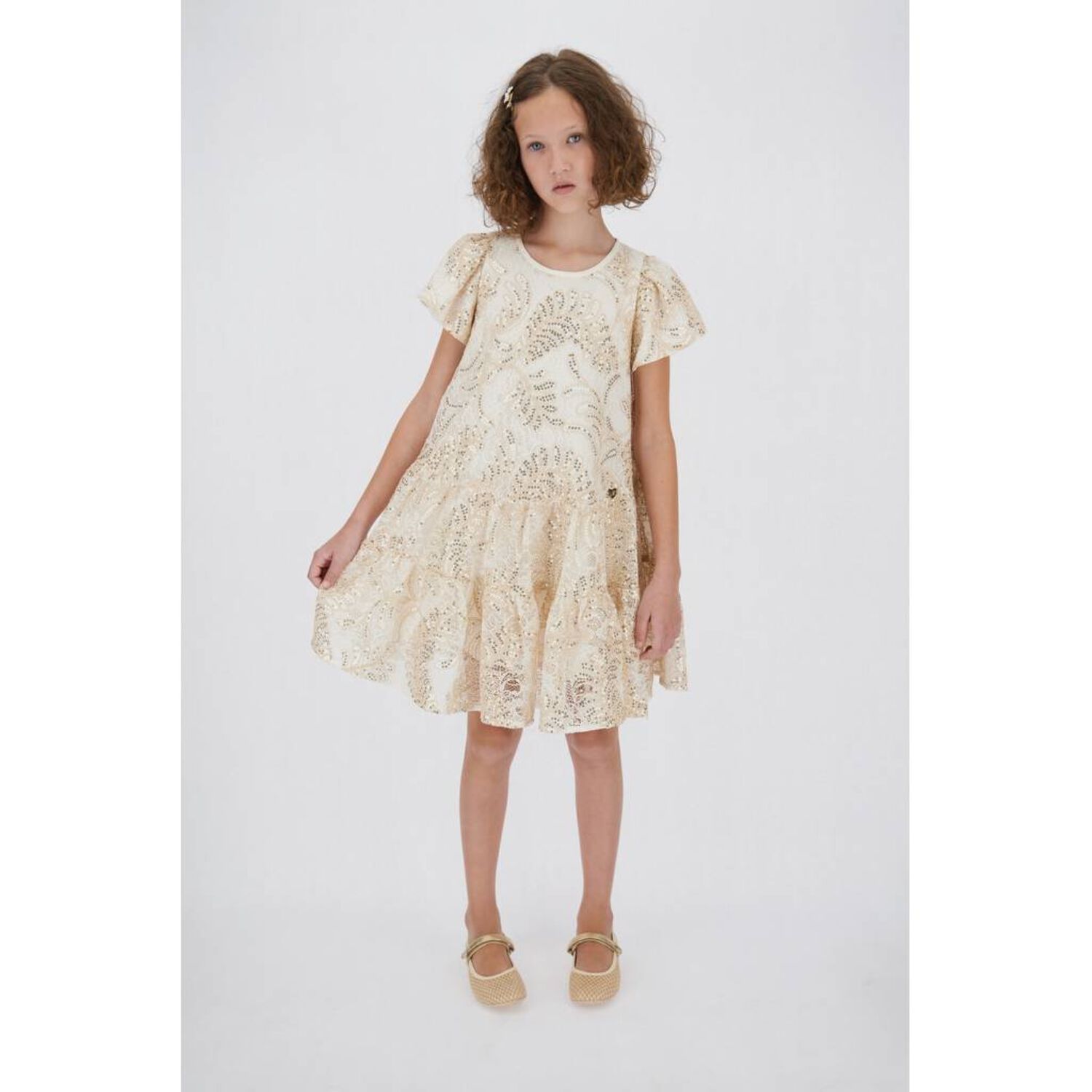 Girls Beige & Gold Lace Dress, 1, hi-res