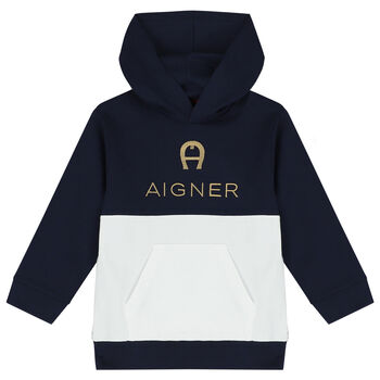 Aigner توب هودي أولاد بالشعار باللون الأبيض والكحلي, 1 توب هودي أولاد بالشعار باللون الأبيض والكحلي