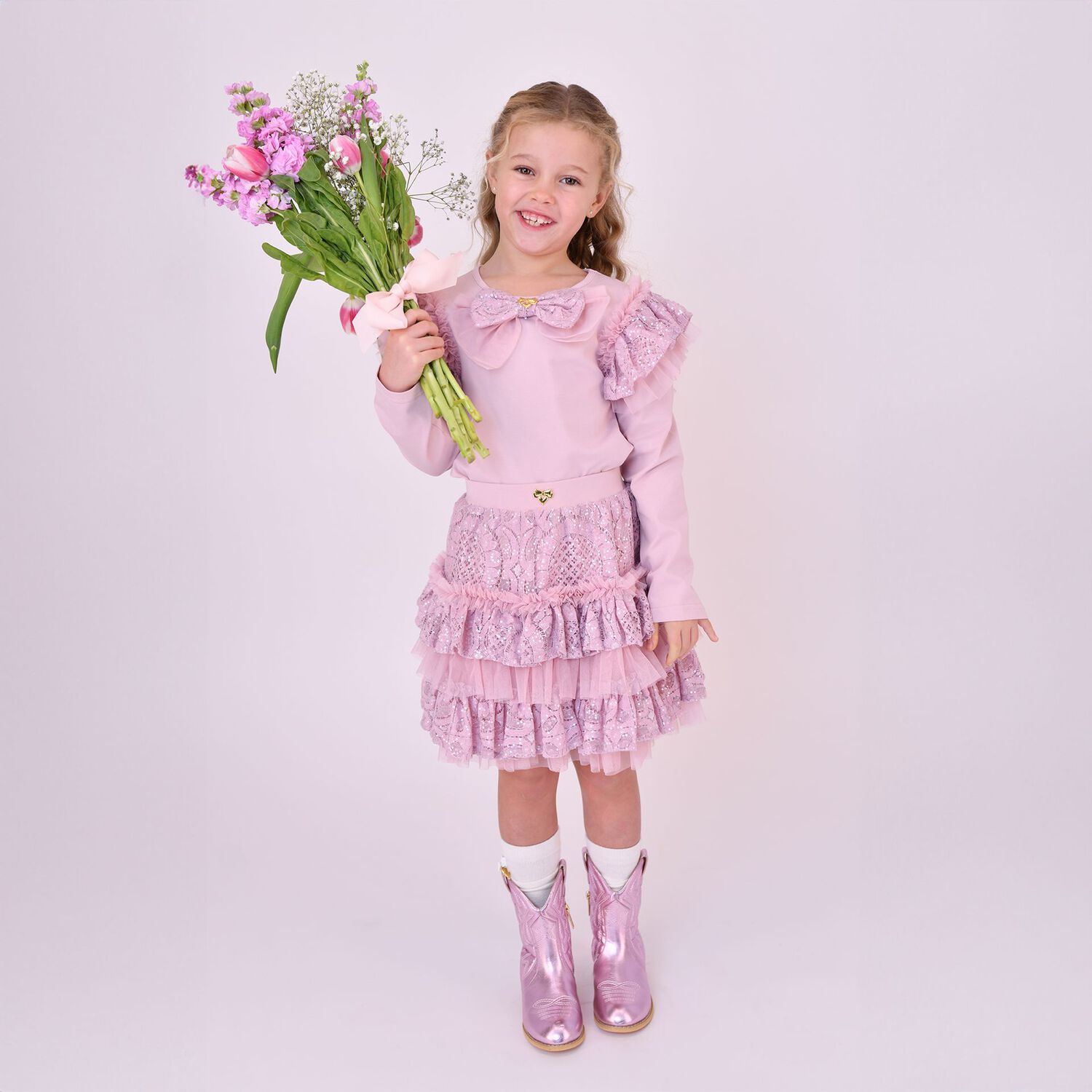 Girls Pink Lace Sequin Tiered Olivia Skirt, 2, hi-res