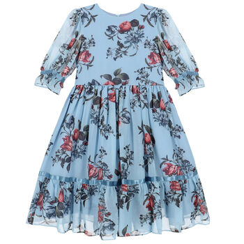 Girls Blue Floral Chiffon Dress