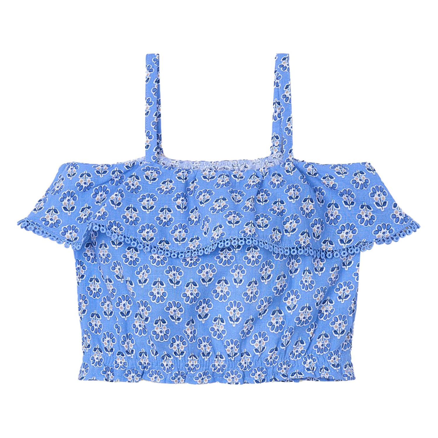 Girls Blue Ruffled Flower Printed Top, 2, hi-res image number null