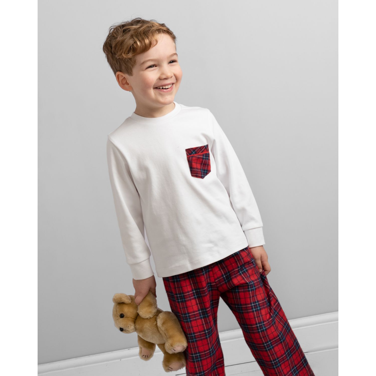 Boys White & Red Tartan Check Pyjamas, 1, hi-res image number null