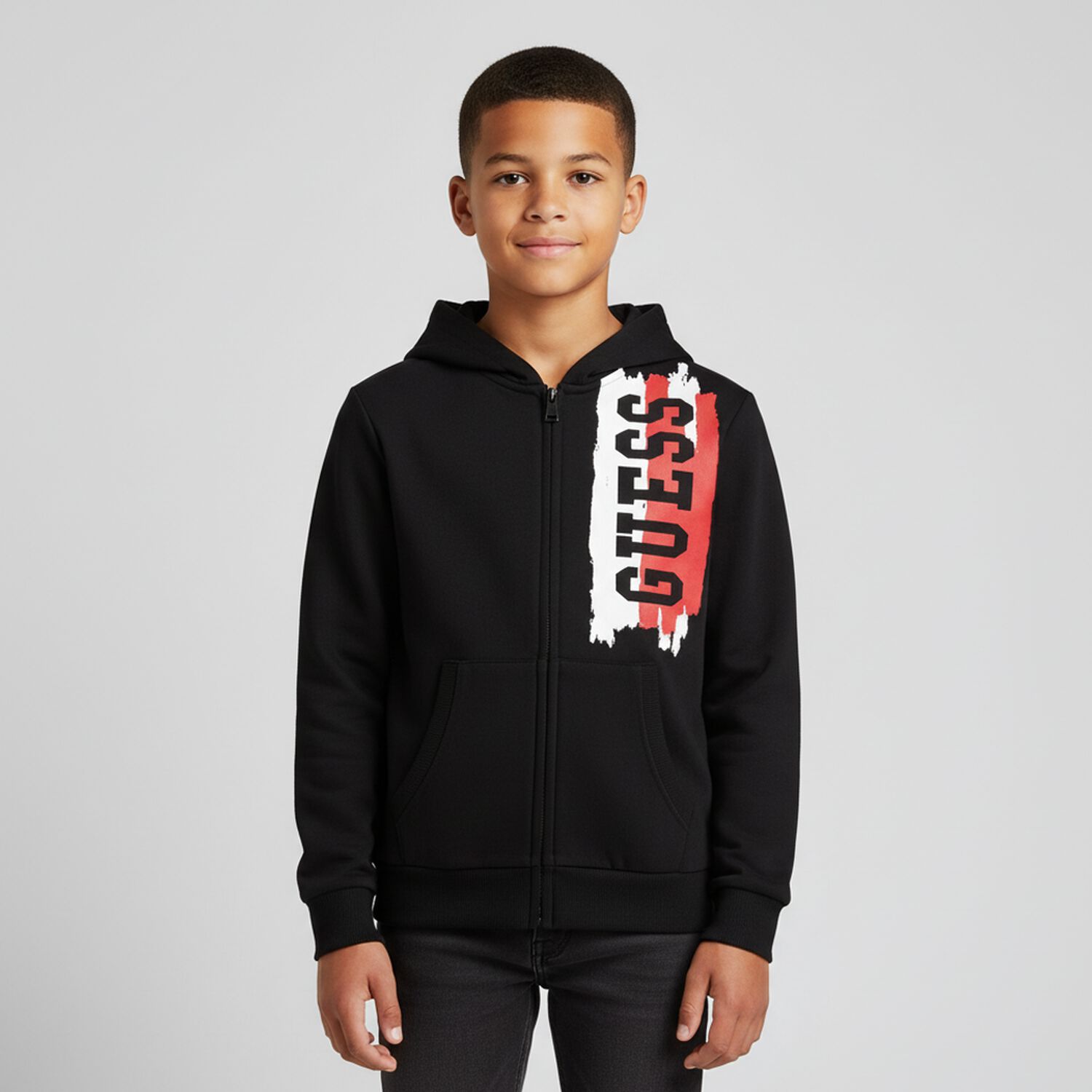 Boys Black Logo Hooded Zip Up Top, 2, hi-res image number null