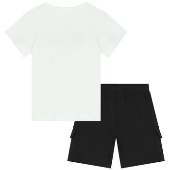 Younger Boys White & Black Logo Shorts Set
