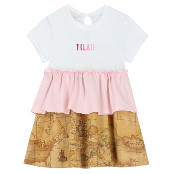 Younger Girls White, Pink & Beige Dress