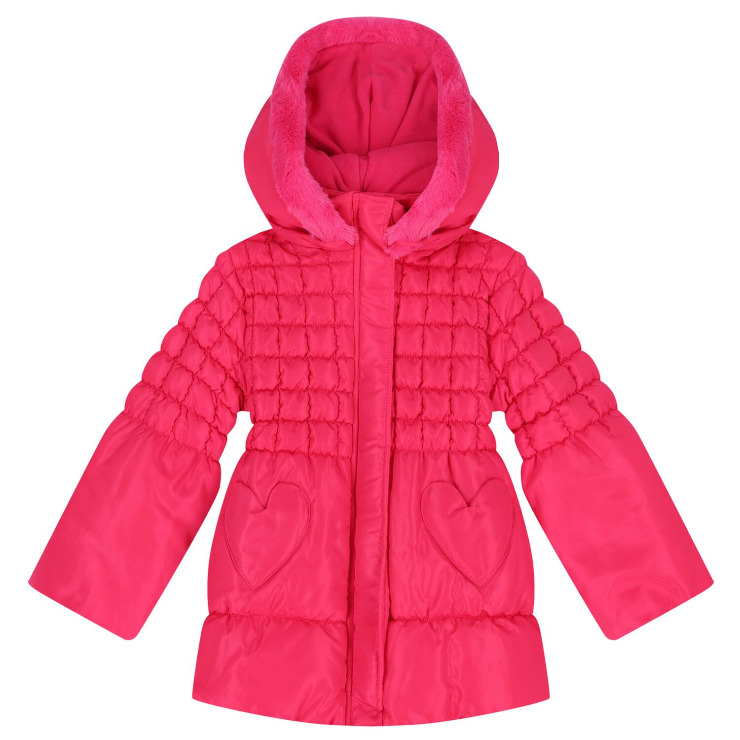 Girls Pink Heart Hooded Puffer Jacket, 1, hi-res