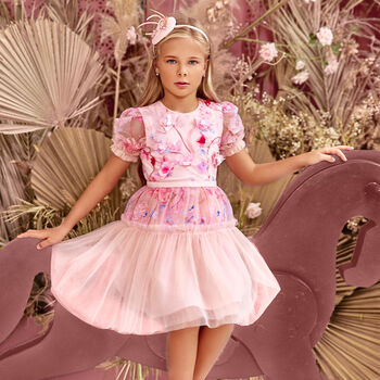 Girls Pink Embroidered Tulle Dress