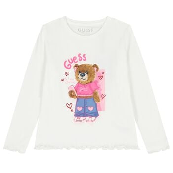 Girls Ivory Teddy Bear Logo Long Sleeve Top