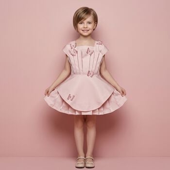 Girls Pink Pleated Butterfly Dress