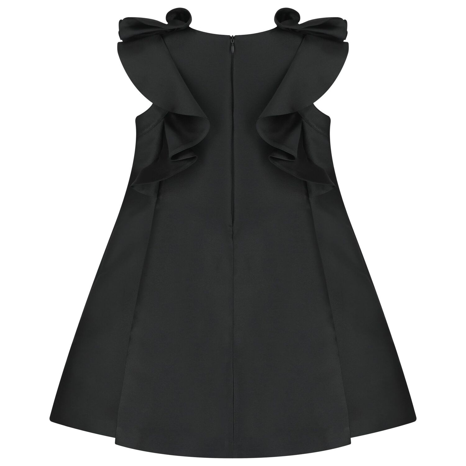 Girls Black Satin Ruffle Dress, 2, hi-res