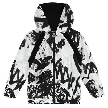 White & Black Graffiti Logo Hooded Zip Up Top