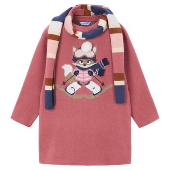 Girls Pink Fox Knitted Dress Set