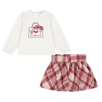 Younger Girls White & Burgundy Plaid Skirt Set