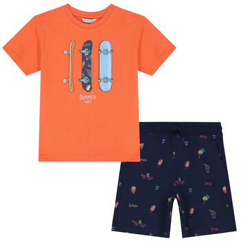 Boys Orange & Navy Skateboard Shorts Set