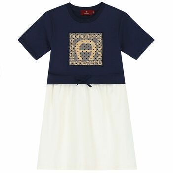 Girls Navy Blue and Ivory Logo Dress