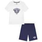 Boys White & Navy Blue Logo Shorts, 2, hi-res