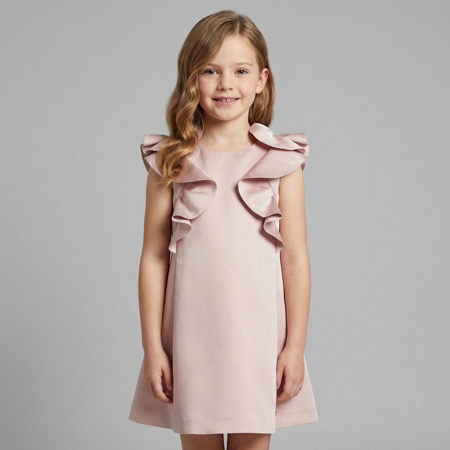 Girls Pink Satin Ruffle Dress, 4, hi-res