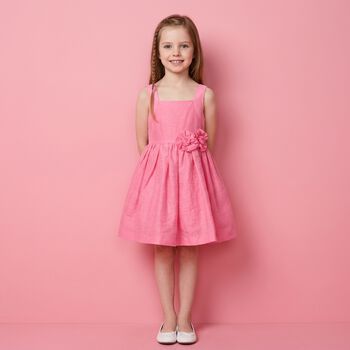 Girls Pink Flower Linen Dress