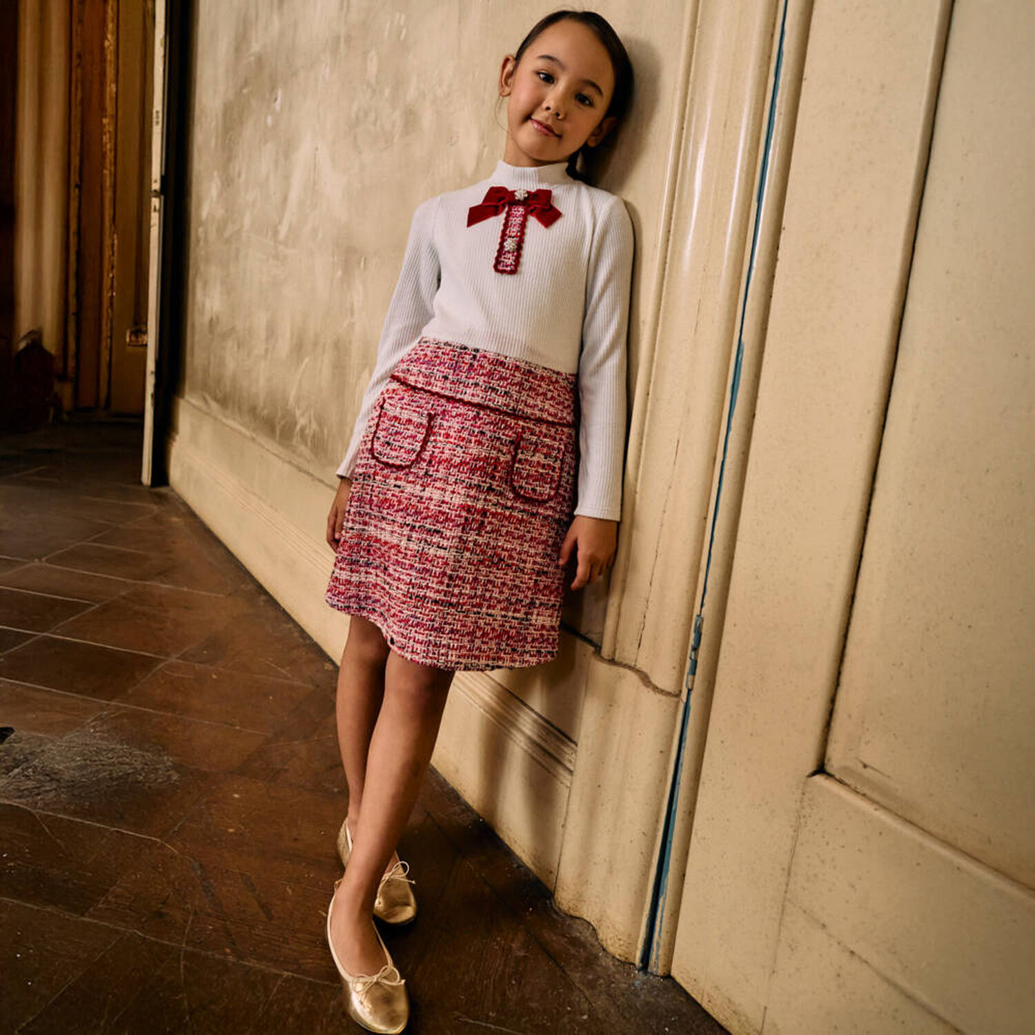 Girls Ivory & Red Tweed Dress, 1, hi-res