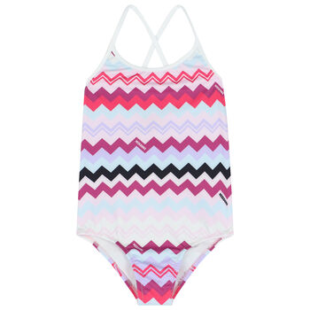 Girls Purple & Pink Zigzag Logo Swimsuit
