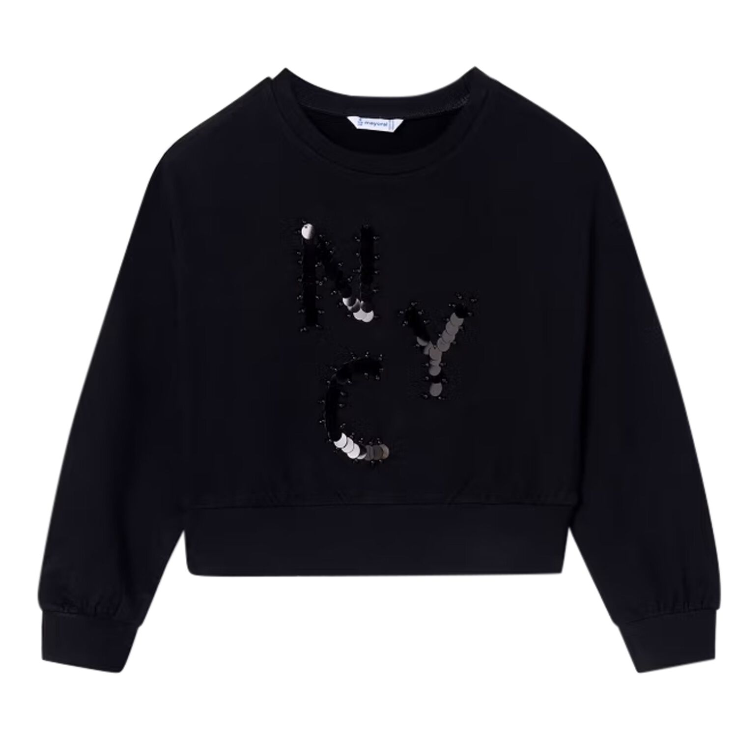 توب للبنات بأكمام طويلة مزين بالترتر باللون الأسود, 1, hi-res