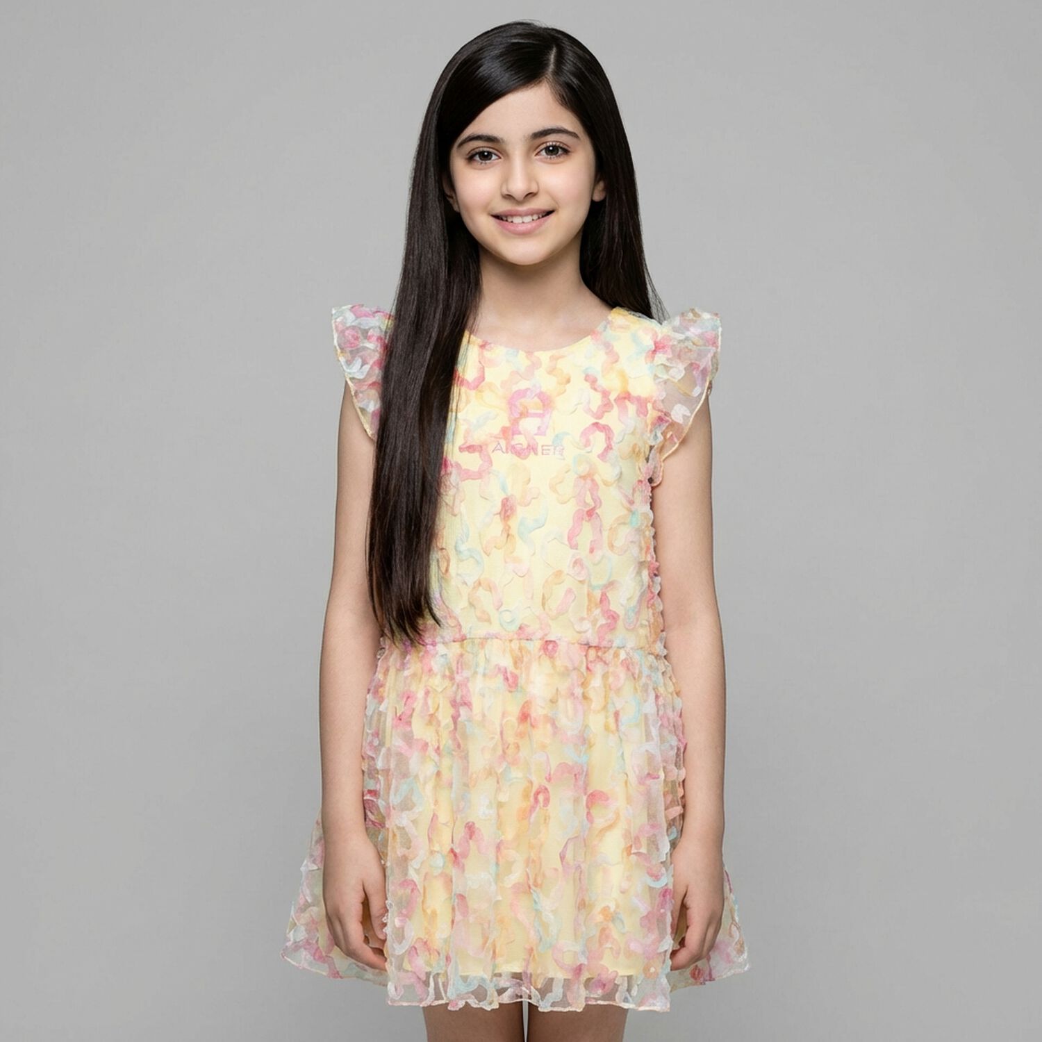 Girls Yellow & Pink Logo Floral Tulle Dress, 1, hi-res