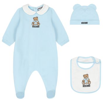 Blue & White Teddy Bear Logo Babygrow Gift Set