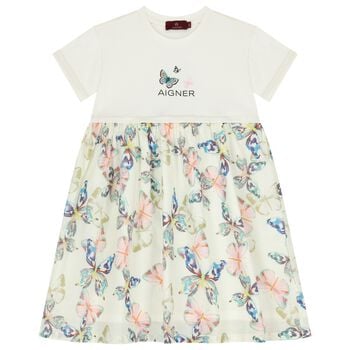 Girls Ivory Butterflies Logo Dress