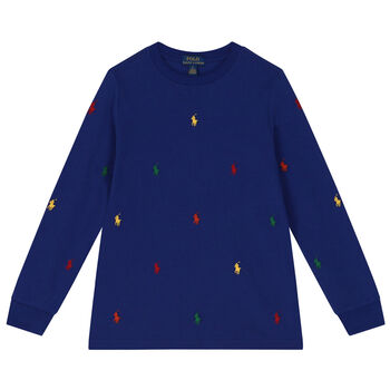 توب أولاد بأكمام بالشعار باللون الازرق