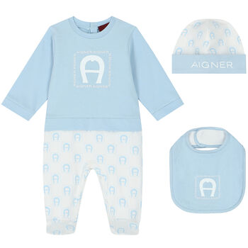 Baby Boys Blue & White Logo Babygrow Set