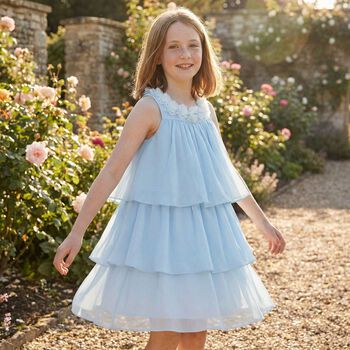 Girls Blue Flower Tiered Dress