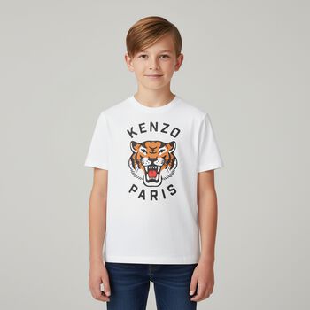 Boys White Logo Tiger T-Shirt, 2 Boys White Logo Tiger T-Shirt