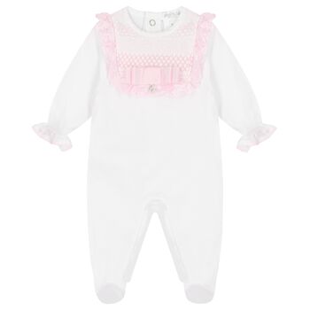 Baby Girls White & Pink Lace Babygrow