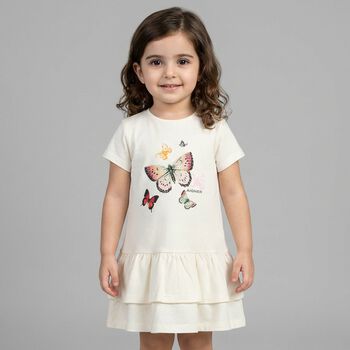 Younger Girls Ivory Butterflies Logo Dress
