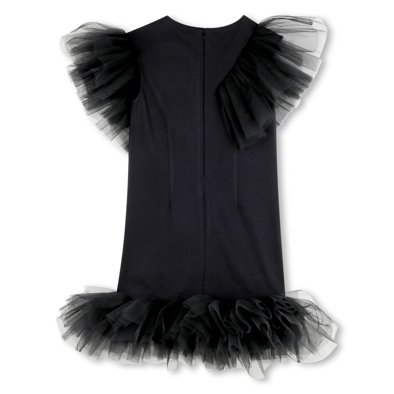 Girls Black Logo Tulle Ruffle Dress, 1, hi-res