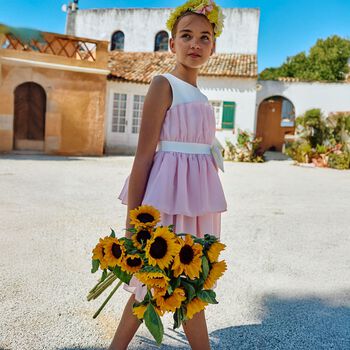 Girls White & Pink Bow Tiered Dress