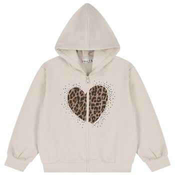Girls Beige Heart Hooded Zip Up Top