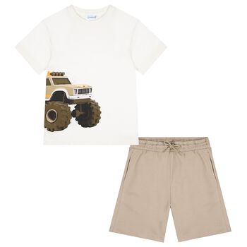 Boys White & Beige Shorts Set